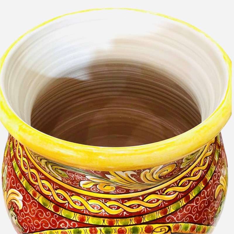 Grote pot h ca. 80 cm. Keramische decoratie uit Caltagirone met scènes van de Siciliaanse paladijnen en Orlando Furioso 