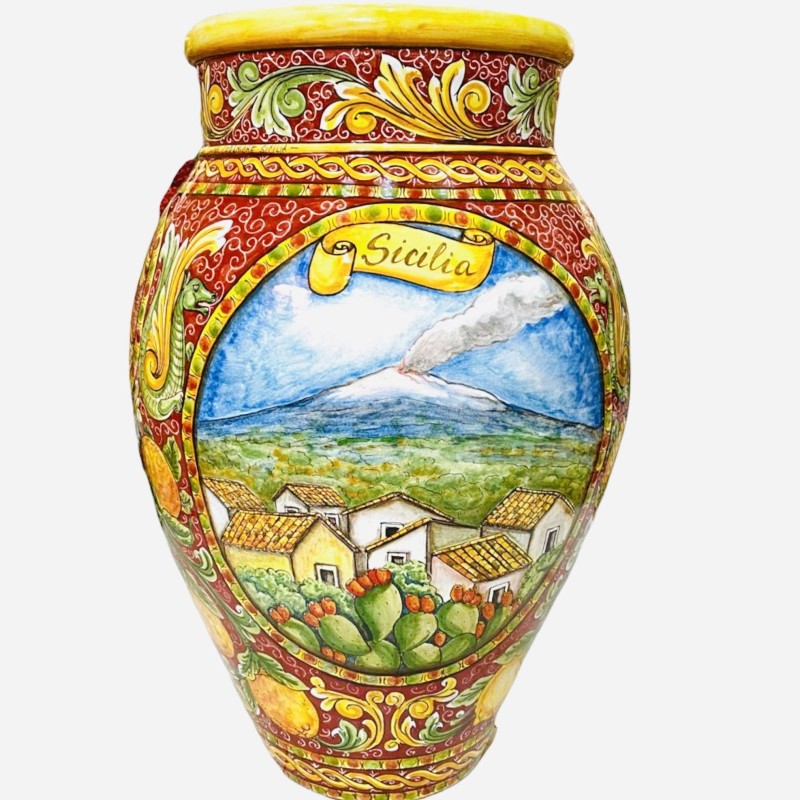 Pot géant h environ 80 cm. Décoration en céramique de Caltagirone avec des scènes des Paladins siciliens et d'Orlando Fu