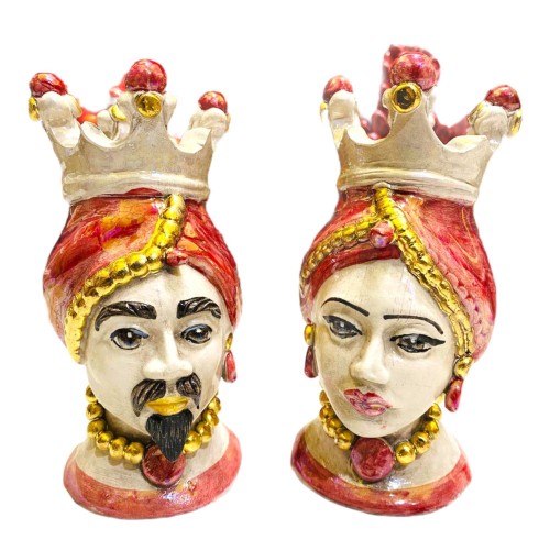 Pair van Caltagirone Moro Heads met Zecchino Gold en Moeder van Pearl Enamel - Coral achtergrond, 15 cm