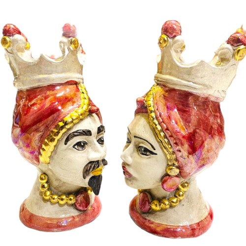 Par de Cabeças de Caltagirone Moor's com ouro puro e esmalte madrepérola - fundo coral - a 15 cm -  2