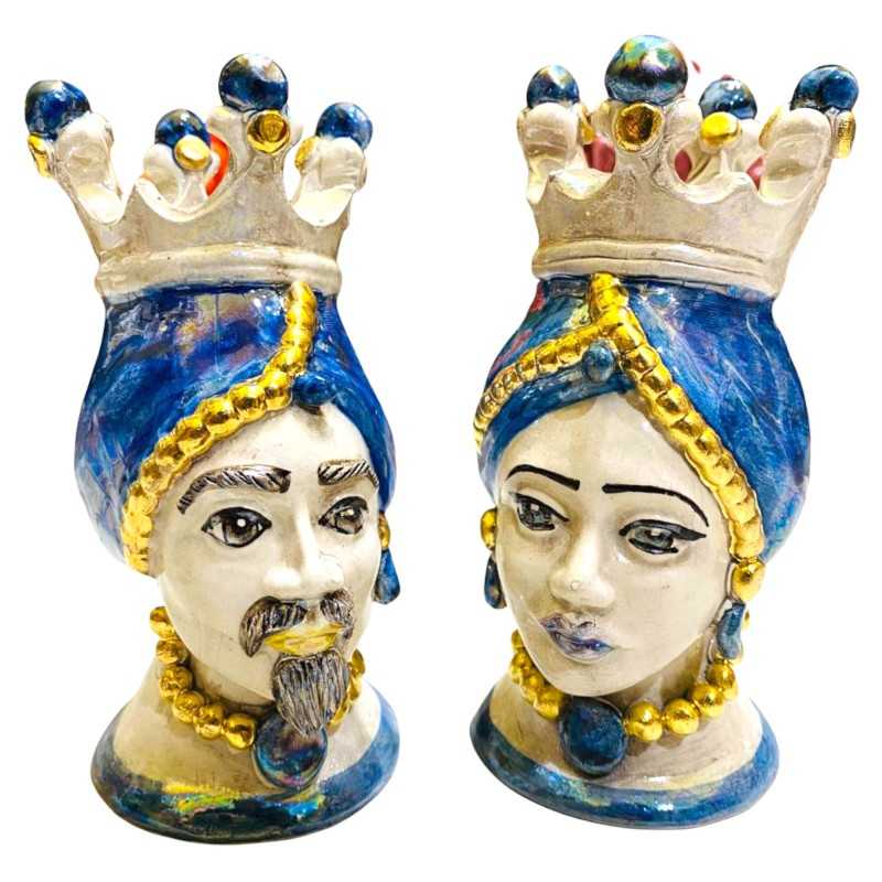 Paar Caltagirone-Moro-Köpfe mit Emaille aus reinem Gold und Perlmutt – blaue Hintergrundfarbe – H 15 cm - 