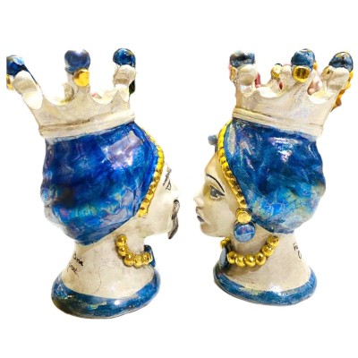 Pair of Caltagirone Moor's Heads with Pure Gold and Mother of Pearl enamel - blue background - h 15 cm - 