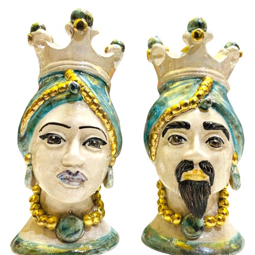 Par de Cabeças de Caltagirone Moor's com Ouro Puro e esmalte Madrepérola - cor base Verdigris - a 15 cm - 