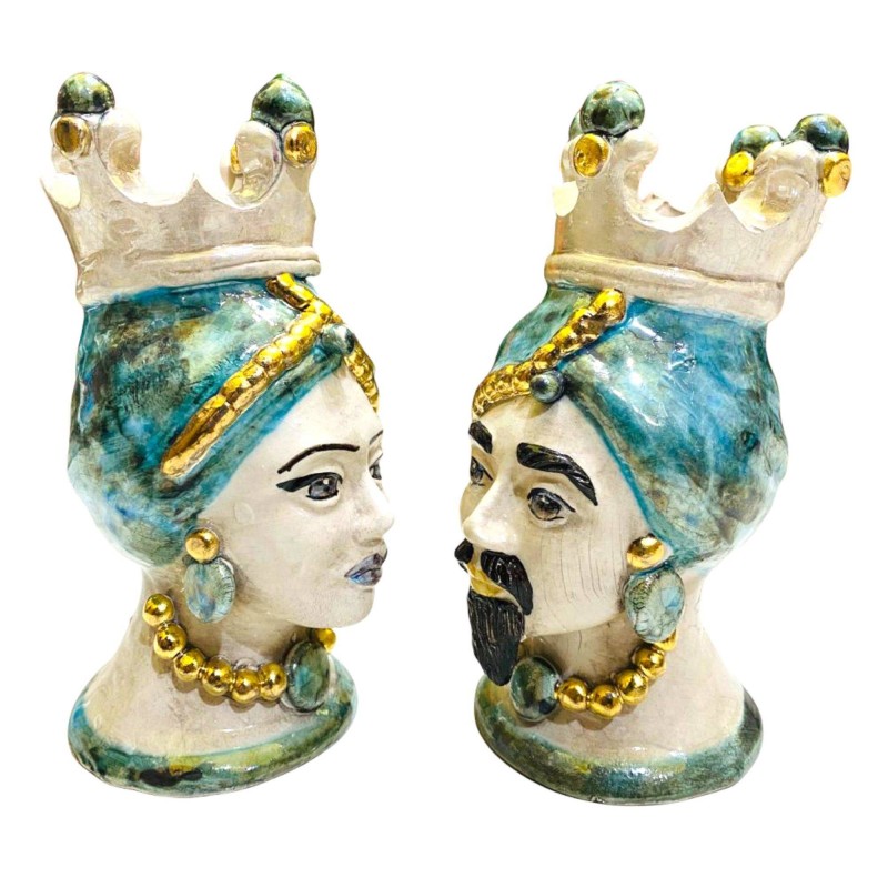 Paar Moorköpfe aus Caltagirone mit Emaille aus reinem Gold und Perlmutt – Hintergrundfarbe Verderame – H 15 cm - 
