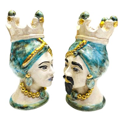 Paar Moorköpfe aus Caltagirone mit Emaille aus reinem Gold und Perlmutt – Hintergrundfarbe Verderame – H 15 cm - 