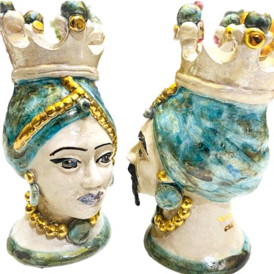 Paar Moorköpfe aus Caltagirone mit Emaille aus reinem Gold und Perlmutt – Hintergrundfarbe Verderame – H 15 cm - 
