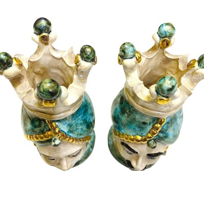 Paar Moorköpfe aus Caltagirone mit Emaille aus reinem Gold und Perlmutt – Hintergrundfarbe Verderame – H 15 cm - 