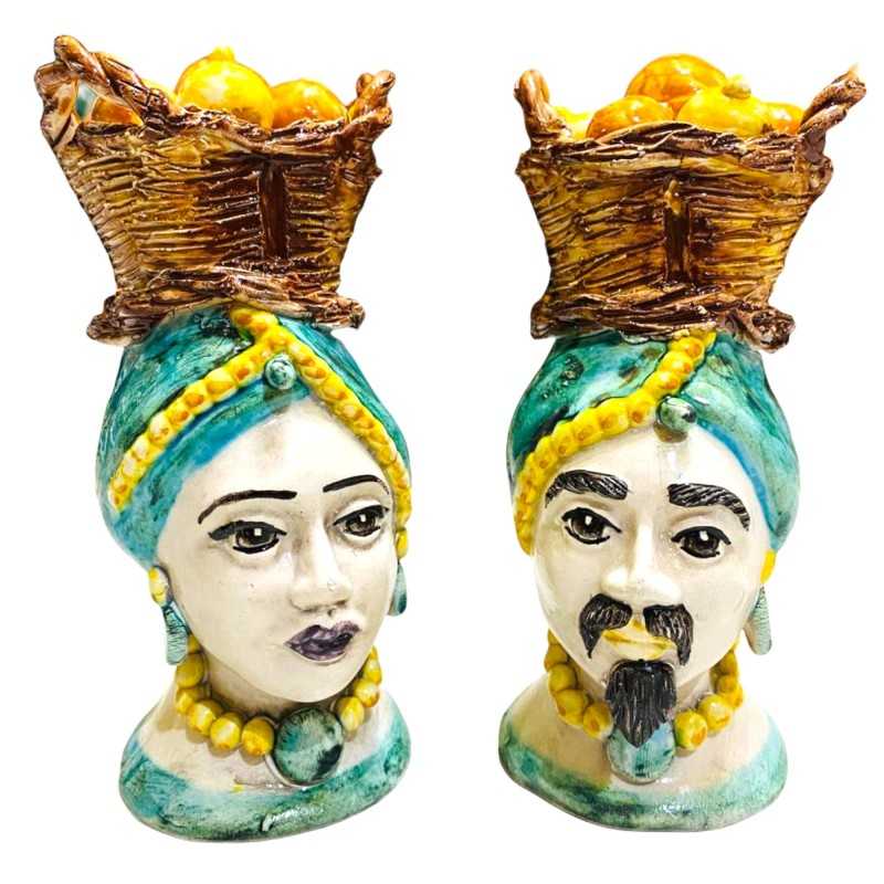 Pair of Heads of Moro Caltagirone met mand van Lemons en sinaasappels, achtergrondkleur Verderame, ongeveer 18 cm - 
