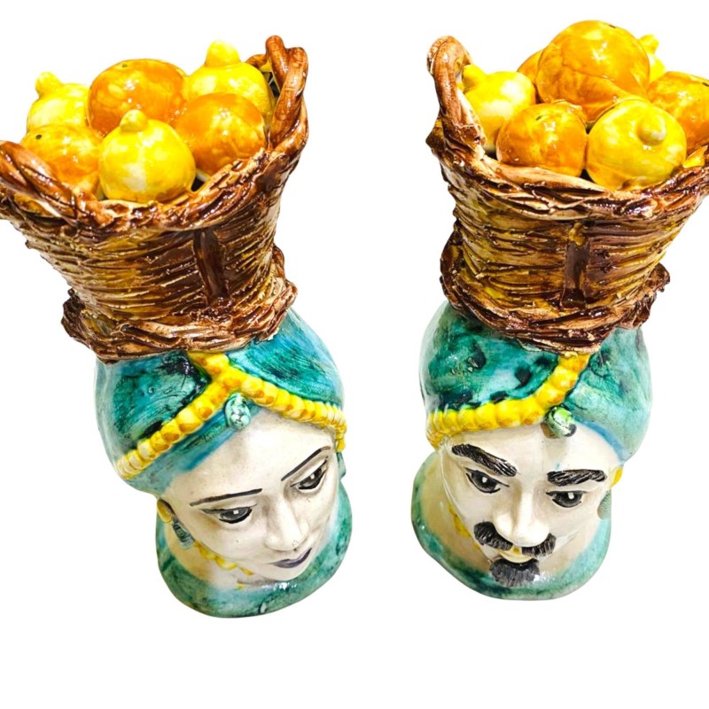 Sicilian Moor heads (pair) h approx. 18 cm Caltagirone ceramic with basket of lemons and oranges, Verderame background -