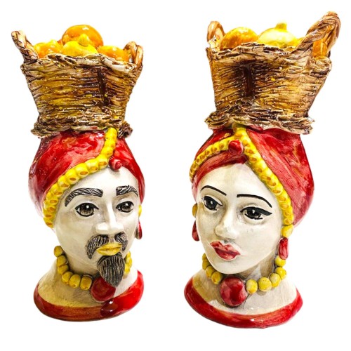 Têtes de lande siciliennes (paire) h environ 18 cm Céramique Caltagirone avec panier de citrons et oranges - Rouge - 