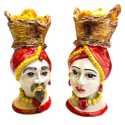 Sicilianska morhuvuden (par) h ca 18 cm Caltagirone keramik med korg med citroner och apelsiner - Röd - 