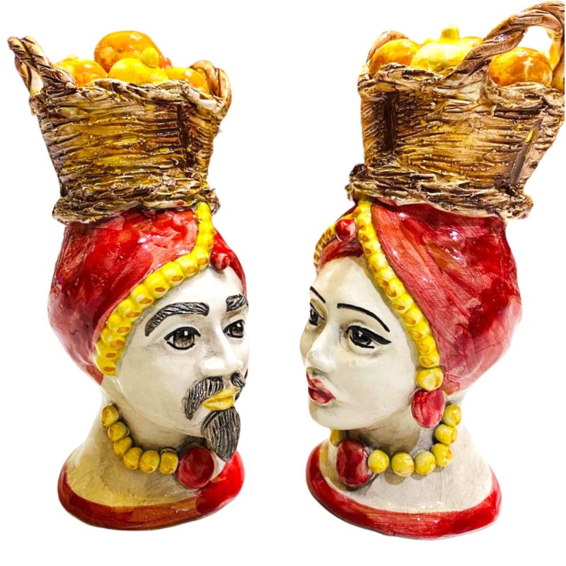 Sicilianska morhuvuden (par) h ca 18 cm Caltagirone keramik med korg med citroner och apelsiner - Röd - 