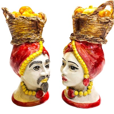 Sicilian Moor heads (pair) h approx. 18 cm Caltagirone ceramic with basket of lemons and oranges - Red - 