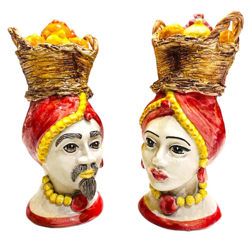 Sicilianska morhuvuden (par) h ca 18 cm Caltagirone keramik med korg med citroner och apelsiner - Röd - 