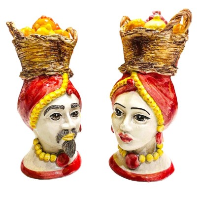 Sicilianska morhuvuden (par) h ca 18 cm Caltagirone keramik med korg med citroner och apelsiner - Röd - 