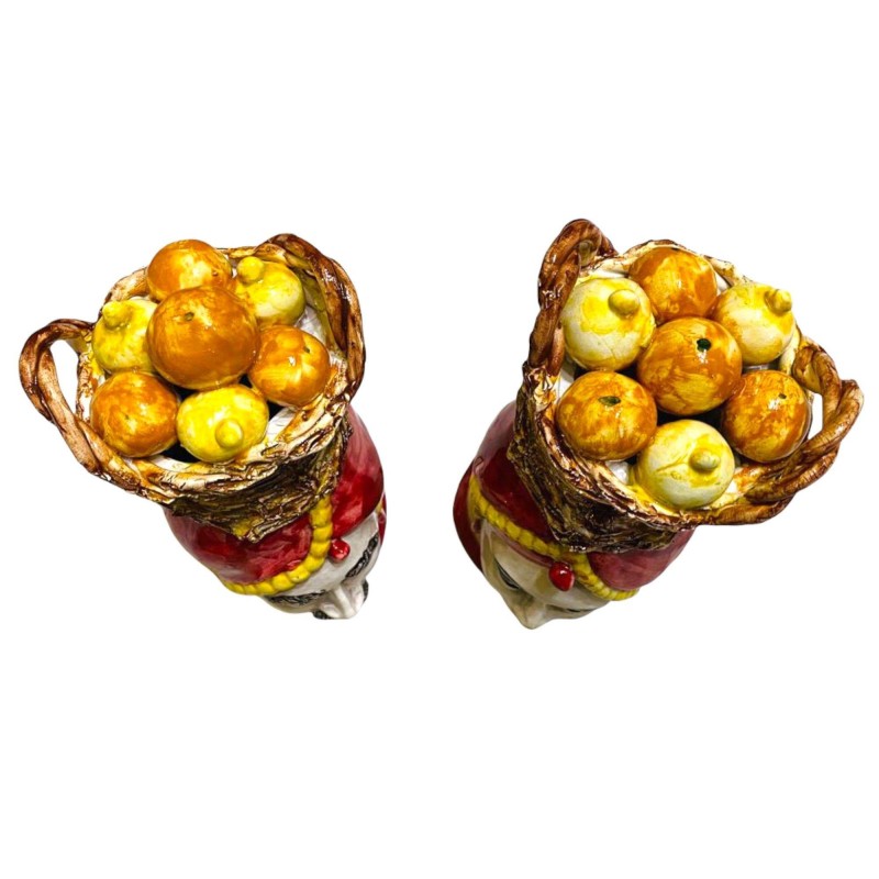 Sicilianska morhuvuden (par) h ca 18 cm Caltagirone keramik med korg med citroner och apelsiner - Röd - 