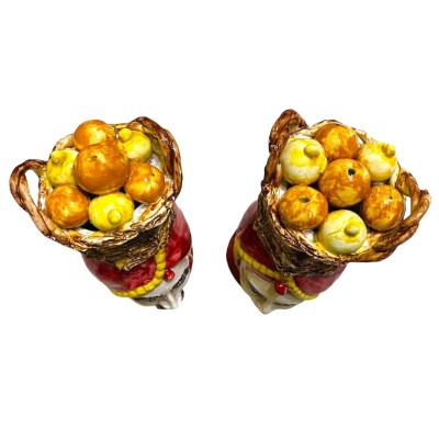 Sicilian Moor heads (pair) h approx. 18 cm Caltagirone ceramic with basket of lemons and oranges - Red - 