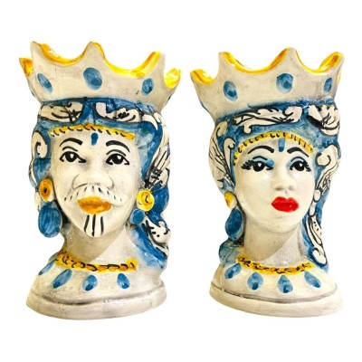 Sizilianische Moorköpfe (Paar) H ca. 15 cm Caltagirone-Keramik Mod. ELISABETH Antikblau - 