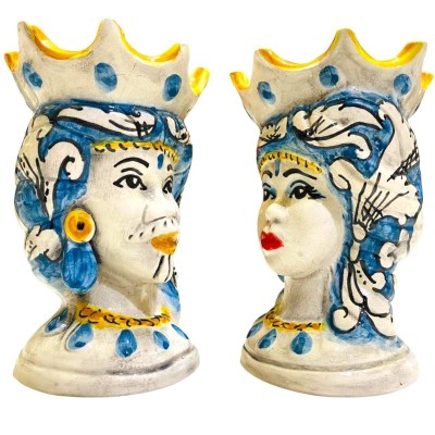 Sicilianska morhuvuden (par) h ca 15 cm Caltagirone keramik Mod. ELISABETH Antikblå - 