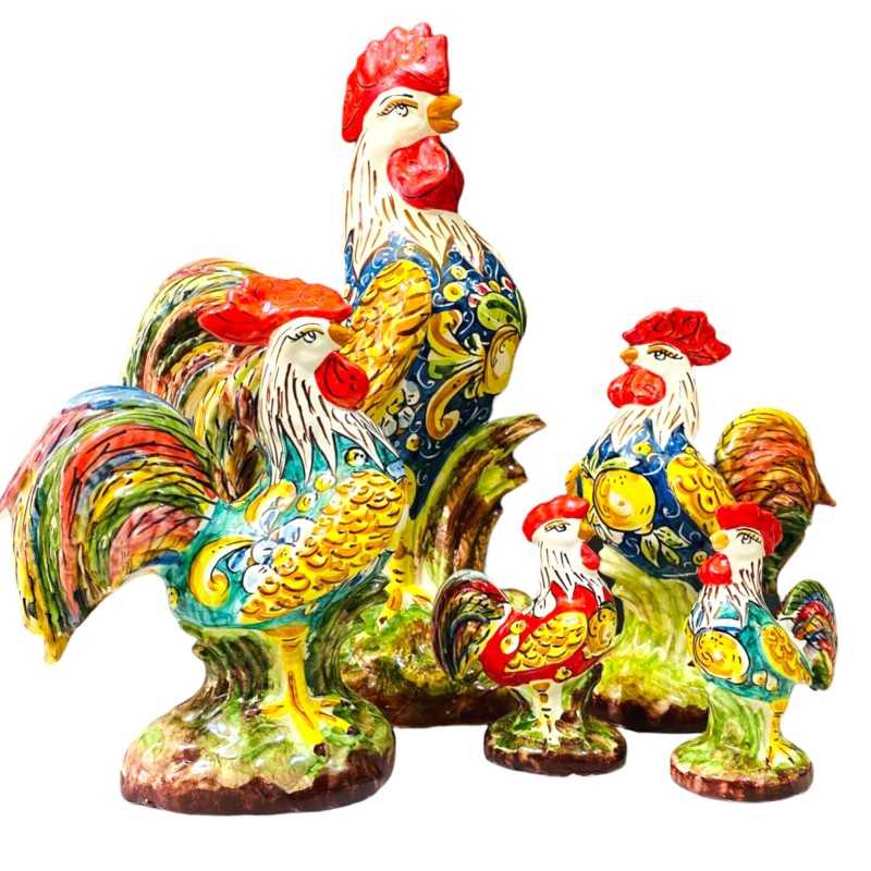 Gallos de fina cerámica de Caltagirone decorados a mano - 3 tamaños disponibles - 