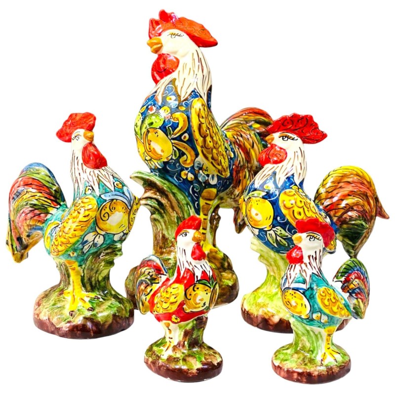Gallos de fina cerámica de Caltagirone decorados a mano - 3 tamaños disponibles - 