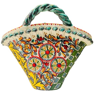 Coffa in fine Caltagirone ceramic with applications of flowers in relief - Measures cm L42xH33xP26 - 