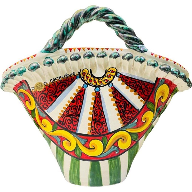 Coffa in fine Caltagirone ceramic with applications of flowers in relief - Measures cm L42xH33xP26 - 