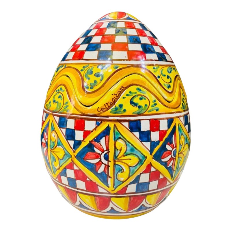 Ovo de cerâmica Caltagirone com decoração estilo carrinho siciliano - altura cerca de 22 cm - 