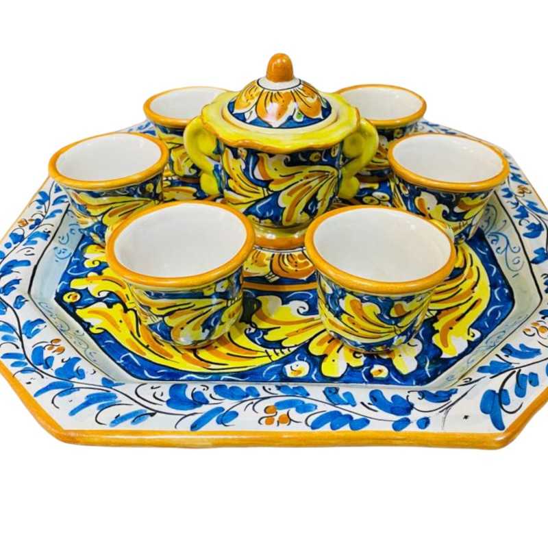 Servizio da caffè per 6 persone in ceramica Caltagirone Decoro Barocco Giallo fondo Blu - 