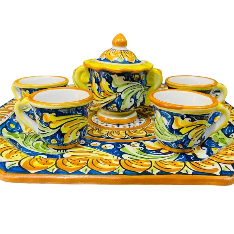 Service à café pour 6 personnes en céramique de Caltagirone Décoration baroque Fond jaune et vert bleu - 
