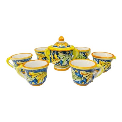 Service à café pour 6 personnes en céramique de Caltagirone Décoration baroque Fond jaune et vert bleu - 