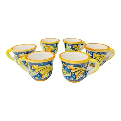 Serviço de café para 6 pessoas em cerâmica Caltagirone Decoração barroca Fundo amarelo e verde azul - 