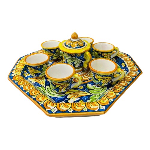 Servizio da caffè per 6 persone in ceramica Caltagirone Decoro Barocco Giallo e Verde fondo Blu - 