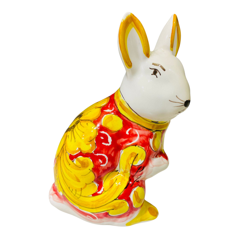 Conejo de pie, modelo pequeño, en cerámica siciliana con decoración barroca amarilla con flor sobre fondo rojo - Dimensi