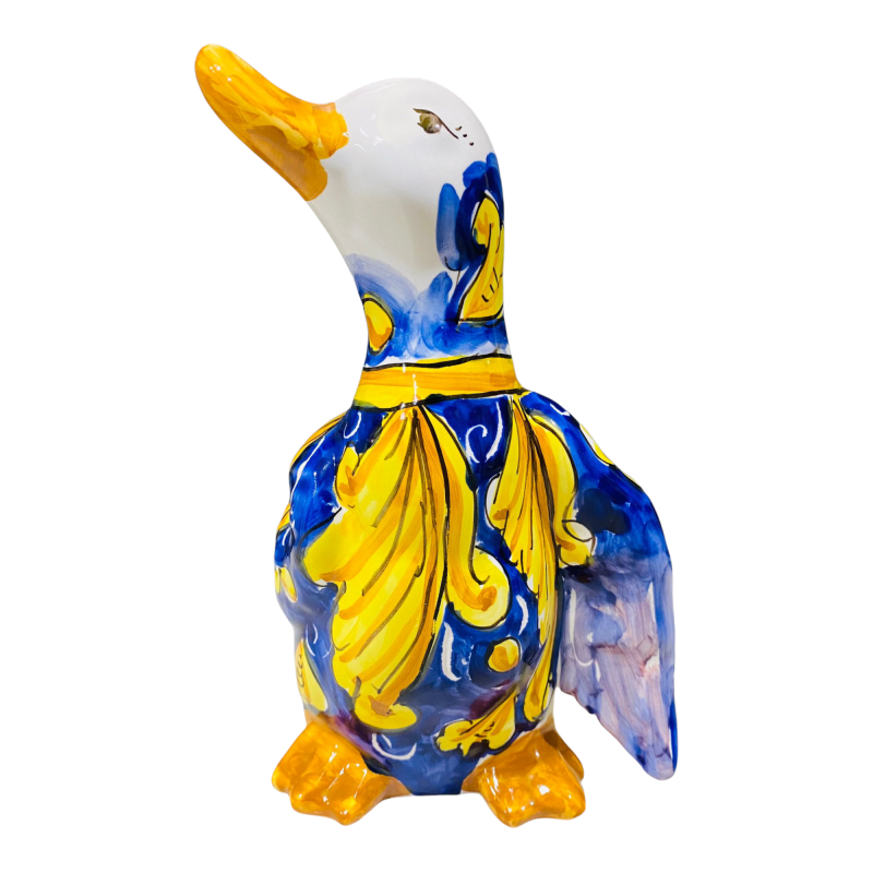 Papera in piedi in ceramica siciliana decoro barocco giallo su fondo blu - Misure 20x15x13 cm - 