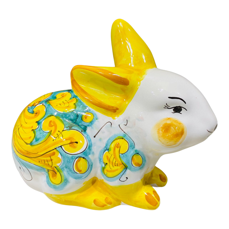Sitting rabbit, large model, in Sicilian ceramic with baroque decoration with flower - Dimensions h22x15x10 cm - 
