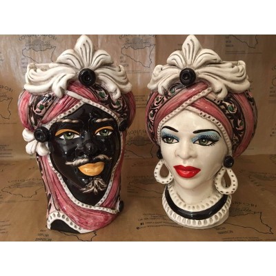 Maurenkopf aus maurischer Caltagirone-Keramik – H ca. 28 cm (1 Stück) Mit Option für Mann oder Frau, Fries und burgunder