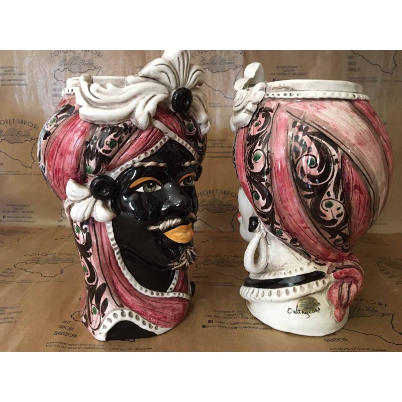 Cabeza de moro Cerámica morisca de Caltagirone - altura aprox.28 cm (1ud) Con opción para hombre o mujer, friso y fondo 
