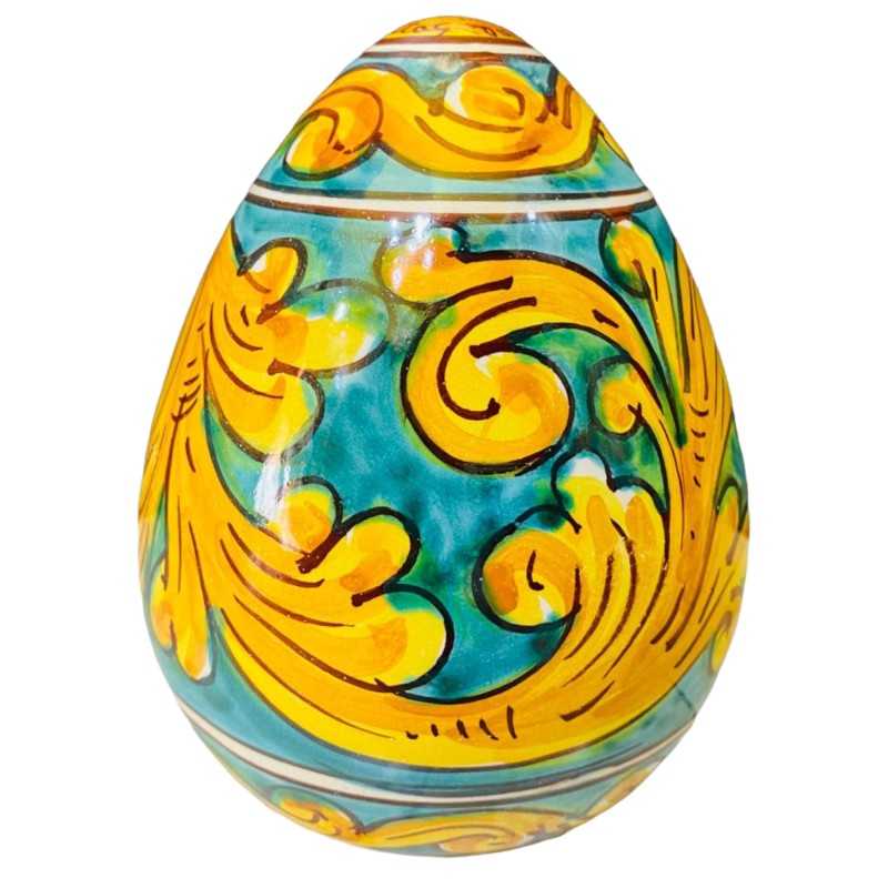 Huevo de cerámica Caltagirone con decoración barroca siciliana sobre fondo verderame - altura 15 cm - 
