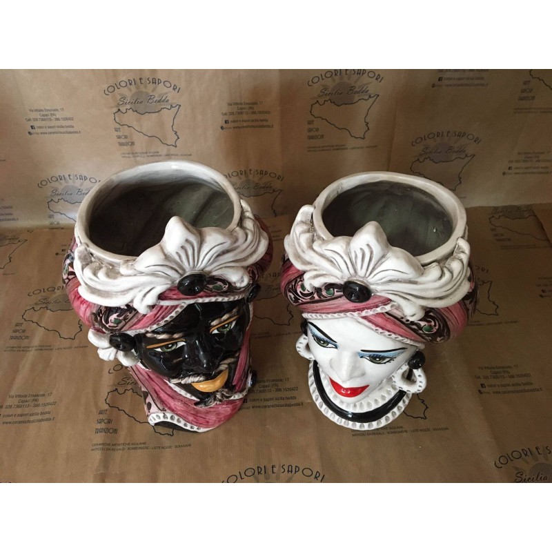 Maurenkopf aus maurischer Caltagirone-Keramik – H ca. 28 cm (1 Stück) Mit Option für Mann oder Frau, Fries und burgunder