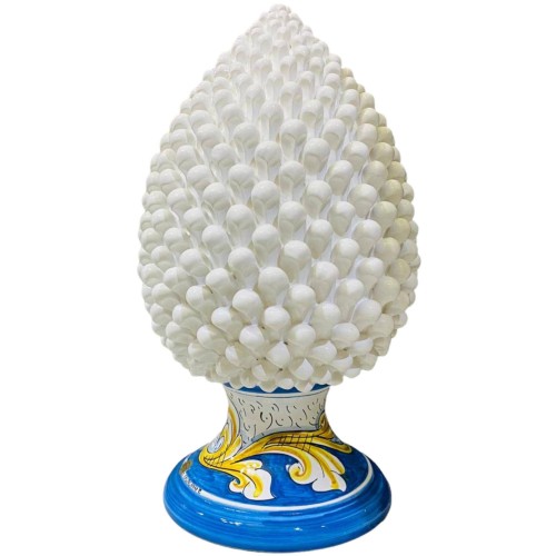 Pinha siciliana h 40 cm em cerâmica fina Caltagirone, cor branco puro com base decorada - 