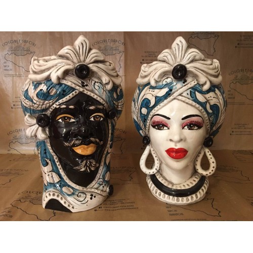 Moorkopf aus Caltagirone-Keramik – H ca. 28 cm (1 Stück) Mit Option für Mann oder Frau, Fries und blauem Hintergrund