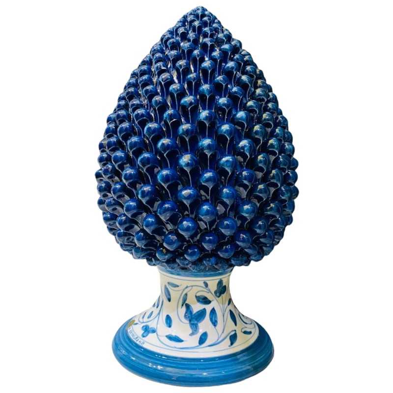Cono de pino en cerámica fina Caltagirone en color azul antiguo con base decorada - SB10745981 - altura unos 45 cm - 