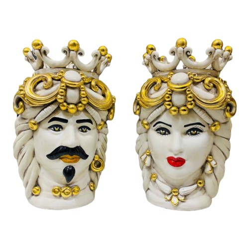 Paar Moorköpfe aus Caltagirone mit reinem Gold – H ca. 30cm