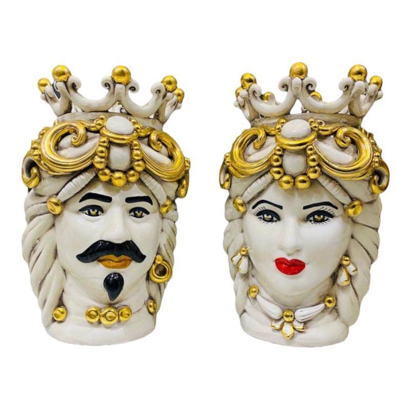Pair of Caltagirone Moor's Heads with Pure Gold - height about 30 cm - 