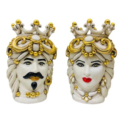 Pair of Caltagirone Moor's Heads with Pure Gold - height about 30 cm - 