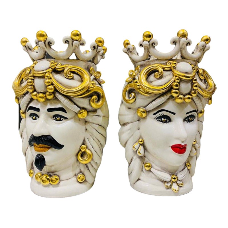 Pair of Caltagirone Moor's Heads with Pure Gold - height about 30 cm - 
