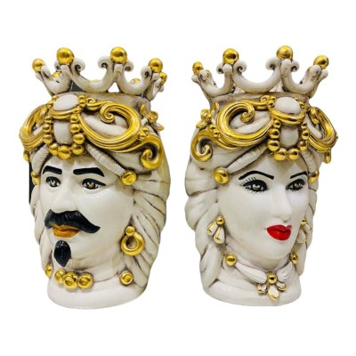 Pair of Caltagirone Moor's Heads with Pure Gold - height about 30 cm - 