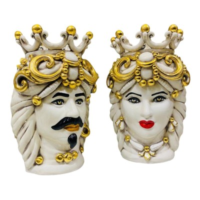 Pair of Caltagirone Moor's Heads with Pure Gold - height about 30 cm - 