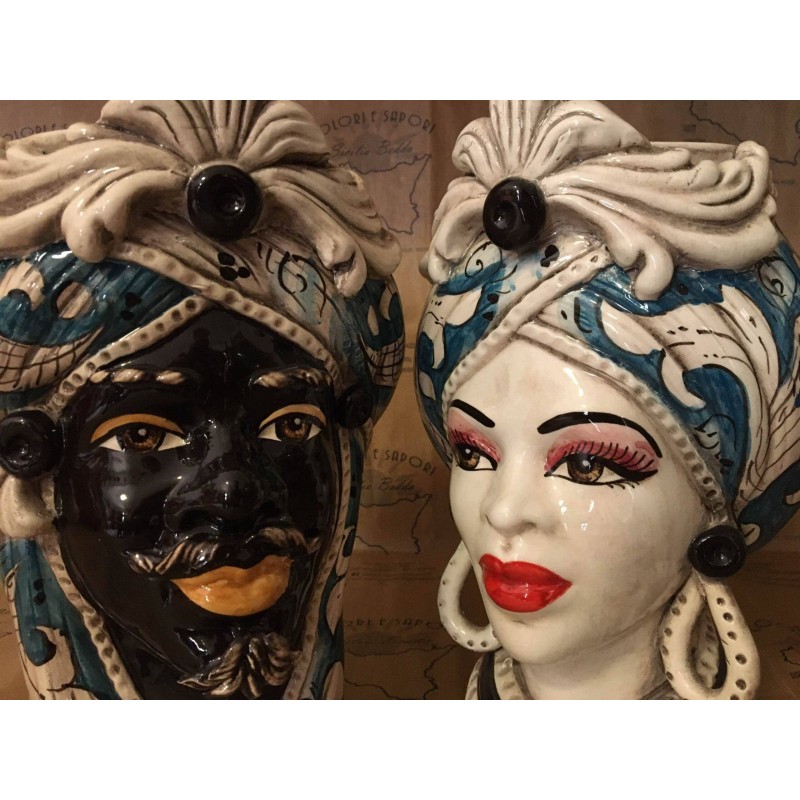 Moorkopf aus Caltagirone-Keramik – H ca. 28 cm (1 Stück) Mit Option für Mann oder Frau, Fries und blauem Hintergrund - 